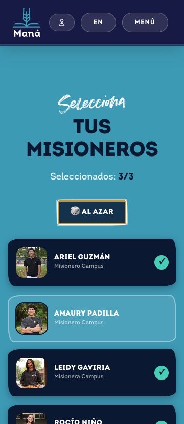 Pantallazo de varios misioneros 2: Selecciona nombres o “Al azar”