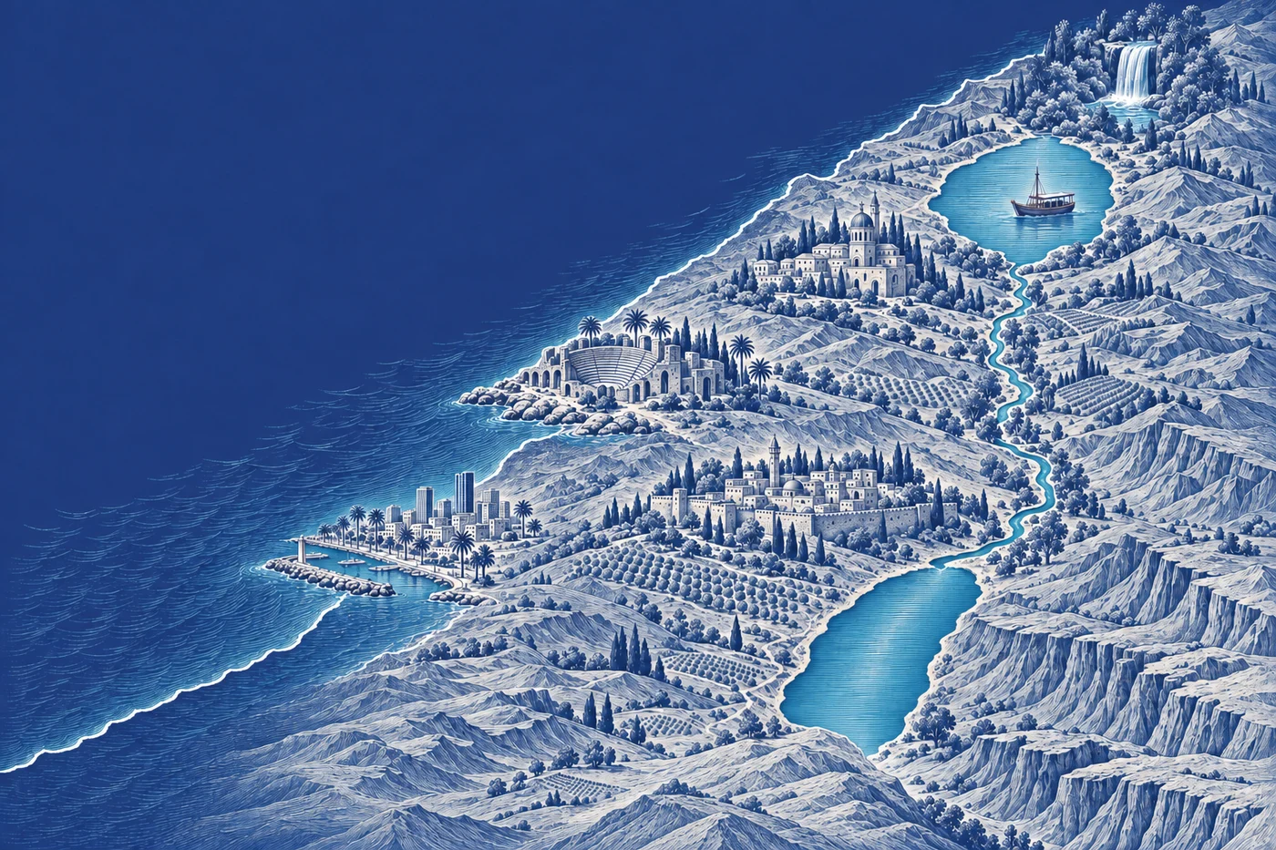 Mapa ilustrativo de los lugares principales: Tel Aviv, Cesárea, Nazaret, Galilea, Banias, Jerusalén y Mar Muerto