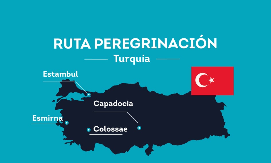 Mapa de la ruta de peregrinación por Turquía con Estambul, Esmirna, Capadocia y Colossae.